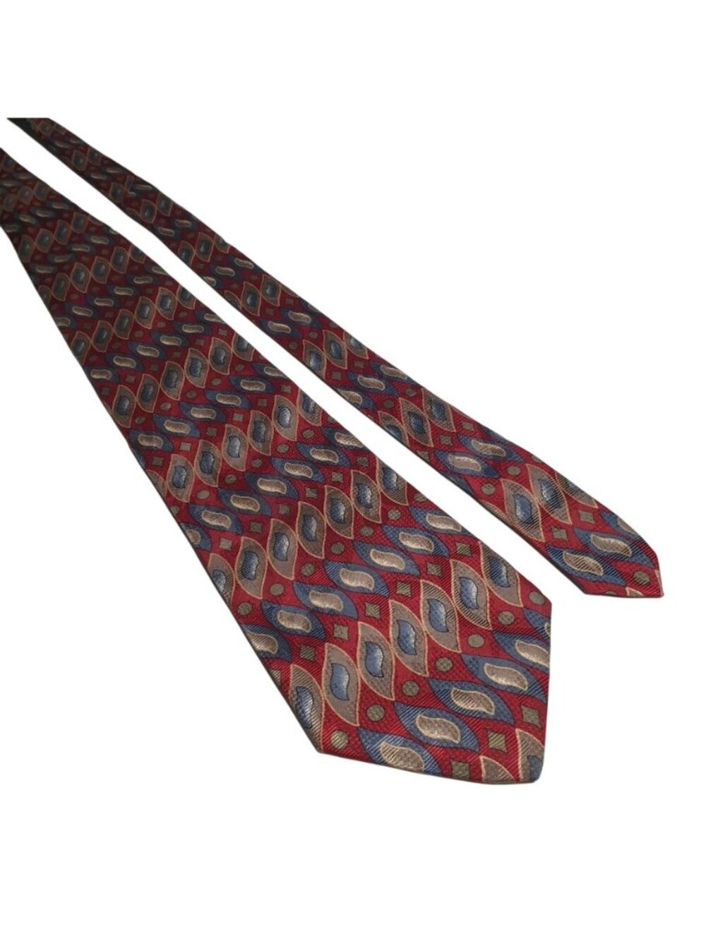 Geoffrey Beene Men Silk Tie Maroon Blue Gold Geometric Pattern Classic Necktie